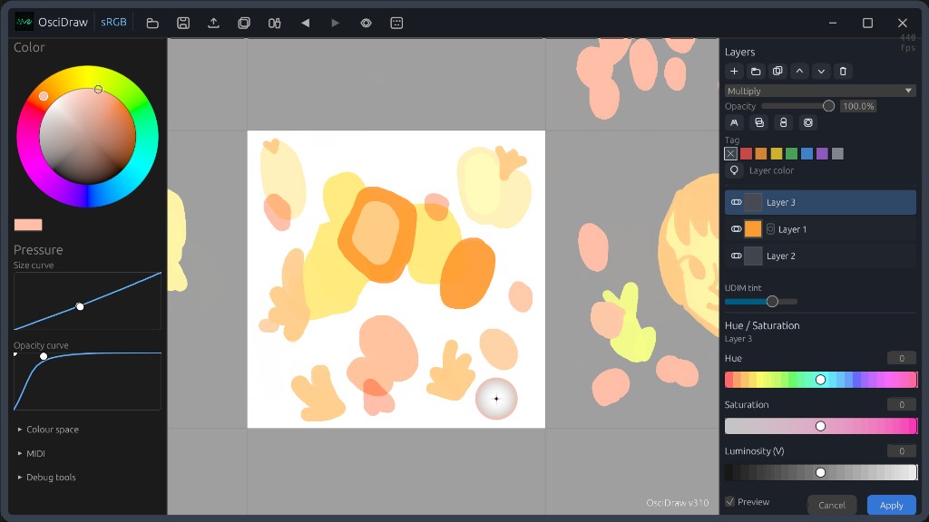 OsciDraw v310: цвет и кривые слева, UDIM-холст по центру, слои и Hue/Saturation справа